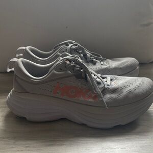 Hoka Light Gray and Coral Athletic Shoes